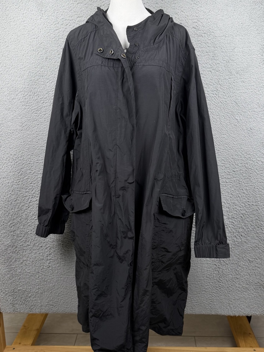 Eileen Fisher Rain Jacket Womens 2X Black Zip Hooded Pockets Utility Trench Coat